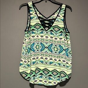 Iz Byer Tribal Print Tank Top - Green and Black